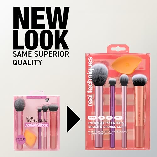 Real Techniques 6 Piece Everyday Essentials Makeup Brush Set, Includes 4 Brushes & 2 Makeup Sponges for Foundation, Blush, Bronzer, Contour, Eyeshadow & Powder, Travel Gift Set, Cruelty-Free & Vegan