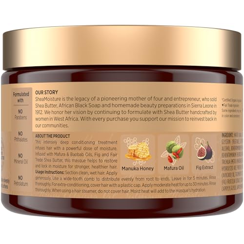 Shea Moisture Hair Mask, Manuka Honey & Mafura Oil Intensive Hydration Masque 2-Pack for Revitalizing Extra Dry, Damaged Hair, Frizz Control, 12 Oz Ea