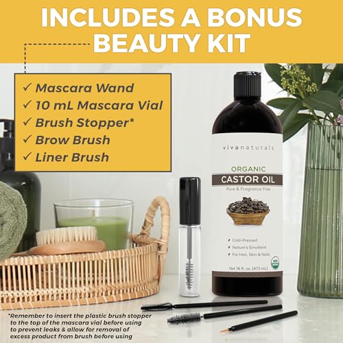 Viva Naturals Organic Castor Oil, Cold-Pressed, 16 fl oz – For Face, Hair, Eyelashes, USDA Organic, Non-GMO - With Beauty Kit