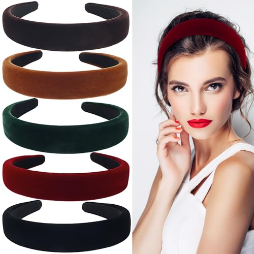 Lestp 5Pcs Velvet Wide Headbands for Women Winter Black Red Headband Cute Christmas Accessories Gift Soft Padded Headband Fashion Headband Non Slip Vintage Head Band Plastic Headbands 90s Hair Band