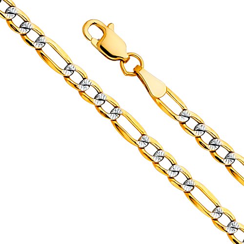 14k REAL Two Tone Gold Hollow Men's 6.5mm Bevelled Figaro 3+1 White Pave Chain Bracelet with Lobster Claw Clasp - 8"
