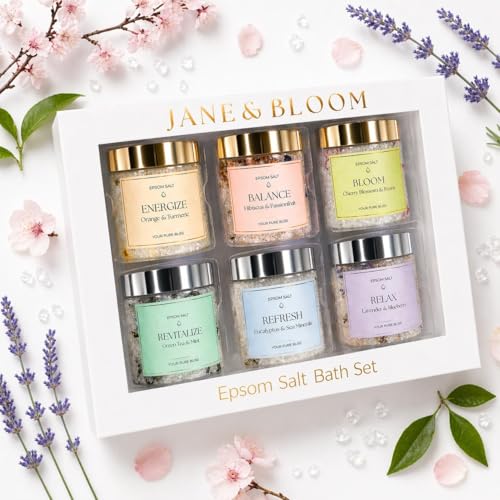 Epsom Salt Bath Gift Set – 6 Aromatherapy Blends with Essential Oils – Bath & Body Gift Set for Women, Stress Relief, Self Care, Birthday Gifts – Jane & Bloom