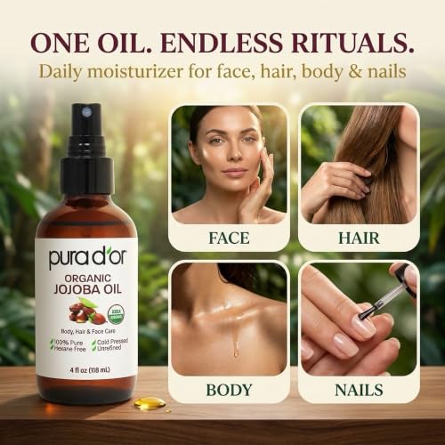 PURA D'OR ORGANIC Jojoba Oil (16.9 Oz GLASS BOTTLE) USDA Certified - 100% Pure & Natural