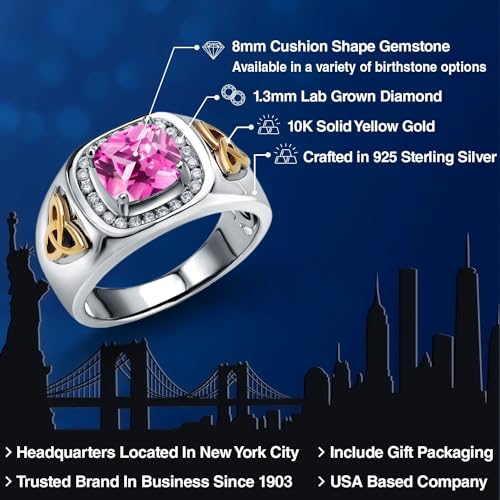 Gem Stone King 3.01 Ct Pink Created Sapphire and Lab Grown Diamond Men's Ring | 925 Silver and 10K Yellow Gold | Cushion 8MM | September Birthstone | Available in Size 7, 8, 9, 10, 11, 12, 13 | Size 9