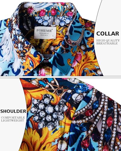 fohemr Mens Luxury Shirts Gold Chain Print Dress Shirt Baroque Short Sleeve Casual Button Down Design buchona Shirts Blue Medium