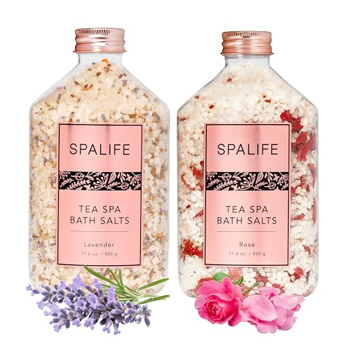 SpaLife Effervescent Rose & Lavender Bath Salts for Women Relaxing | All Natural Aromatherapy Dead Sea Salt Bath Soak Duo | Real Flower Petals for Relaxing Mineral Baths | 2-Pack (35.2 oz)