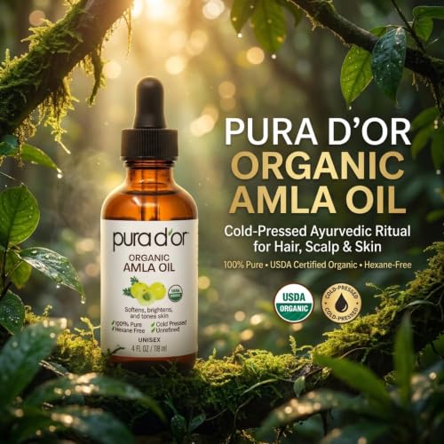 PURA D'OR 4 Oz ORGANIC Amla Oil, 100% Pure USDA Certified Premium Grade, Cold Pressed, Unrefined, Extra Virgin, Hair Serum & Thickening Hair Product w/Pump for Women & Men, Ayurvedic Skin Care