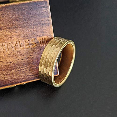 14K Gold Ring Wood and Tungsten Rings for Men Hammered Wood Wedding Band Comfort Fit Unique Viking Wooden Rings