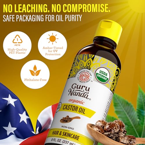 GuruNanda Castor Oil Organic USDA Certified (8 Fl oz) - 100% Pure & Natural, Cold Pressed & Hexane-Free, Hydrating Carrier Oil for Skin, Hair, Eyebrows & Eyelashes Growth