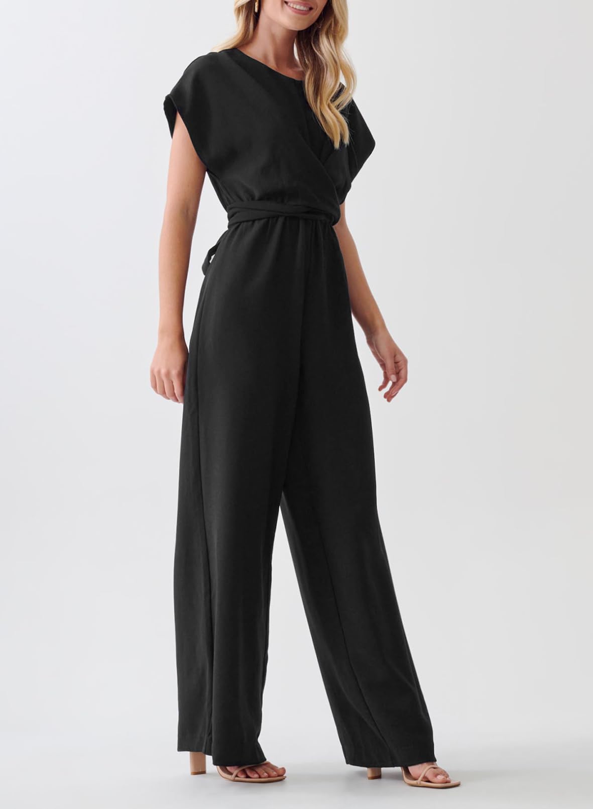 Happy Sailed One Piece Jumpsuits for Women Overalls Front Crisscross Top Tie Waist Belt Wide Leg Pants Rompers Business Casual Outfits with Pockets Black Medium