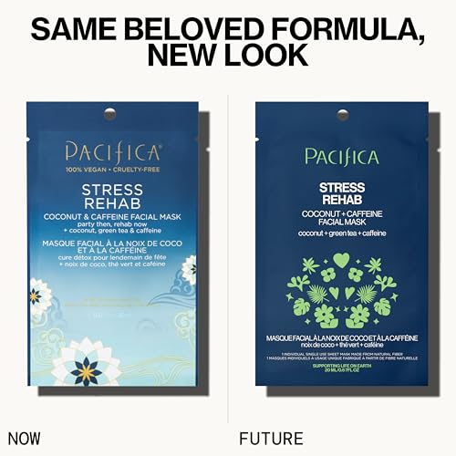 Pacifica Sheet Mask - Skin Rehab Coconut & Caffeine Facial Mask - Sheet Mask for Redness & Puffiness, Infused w/Green Tea, Turmeric & Hyaluronic Acid, Vegan & Cruelty-Free Skincare