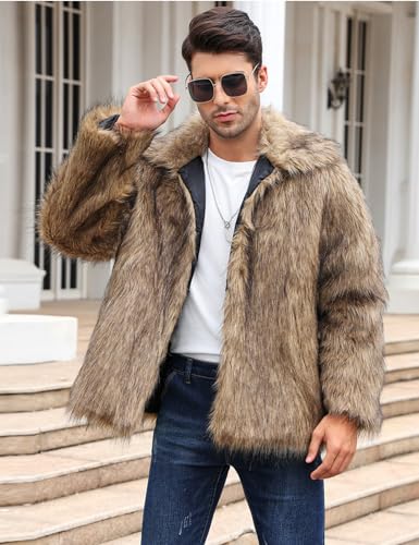 Gihuo Faux Fur Coat Winter Jackets for Men Mens Winter Coats Faux Fur Jacket Warm Fluffy Furry Trench Fake Fur Jacket (Brown-M)