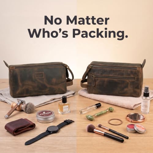 LEATHER VILLAGE Genuine Leather Toiletry Travel Bag For Men & Women, Brown