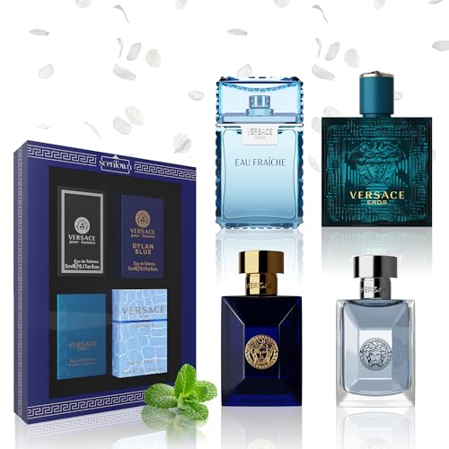 Versace Miniature Variety Bundle of 4 Versace Perfume for Men Bottles. Designer Mens Cologne Gift Set Includes Versace Eros, Pour Homme, Dylan Blue, Eau Fraiche 4 Mini Bottles of 0.17 oz
