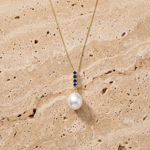 Veroni Solid 10K Gold Pearl Pendant Necklace for Women - 4.2 Carat Pearl & Sapphire - Italian Box Chain - Cipher Collection - Handcrafted in USA - Classic Yellow Gold