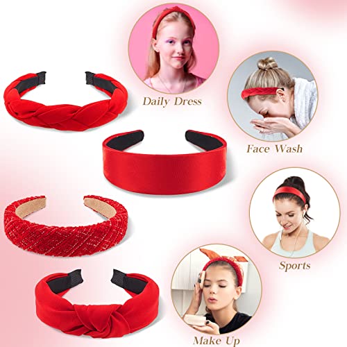 Taiyin 4 Pack Red Headbands for Women, Knotted & Braided Satin Velvet Hairbands, Non Slip Criss Cross Wide Headband Set, Bridal Fashion Hair Accessories, Gift for Mom Women Girls