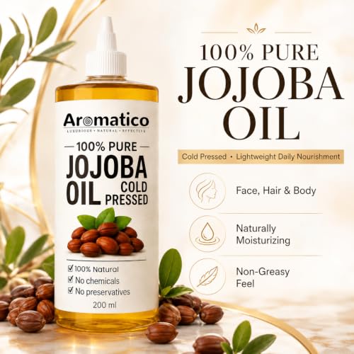 Aromatico Cold Pressed Jojoba Oil – 7 Fl Oz | Natural Hair, Face & Body Oil – Lightweight Moisturizing Carrier Oil for Dry Scalp, Skin Care, Beard, Cuticles & Massage