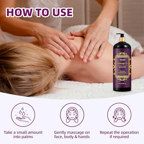Pjordo Aromatherapy Lavender Massage Oil, 10 fl oz Relaxing Massage Oil for Massage Therapy with Grape Seed, Sweet Almond & Jojoba, Spa Quality Oils for Soothing, Calming