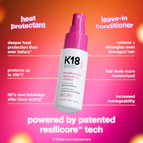 K18 HeatBounce Conditioning Heat Protection Spray for Hair + Leave In Conditioner - Detangles, Softens + Helps Reduce Breakage - Protects Up to 450°F (1.6 Fl oz)