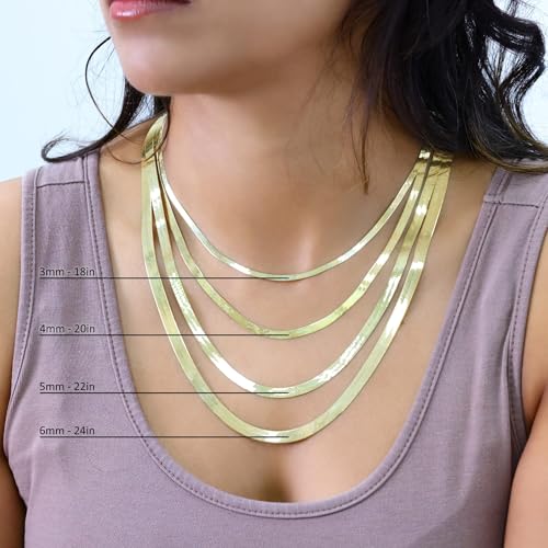Nuragold 14K Real Yellow Gold Herringbone Chain Flexible Necklace (3mm-7mm) - 3mm,18"