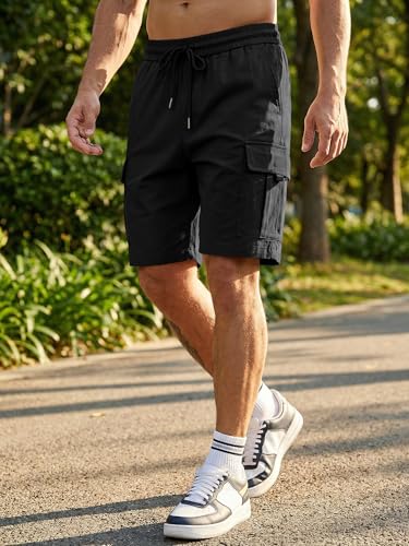 JMIERR Mens Stretch Cargo Shorts Cotton Classic Drawstring Relaxed Fit Extreme Motion Hiking Shorts, L,Black