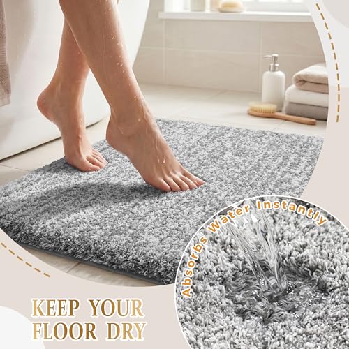Yimobra Bathroom Rugs Non Slip Washable 36X24, Ultra Soft and Water Absorbent Bath Mats, Plush Fluffy Shower Mat Outside, Luxury Microfiber Thick Matts for Bathroom Floor/Tub, Light Gray and White