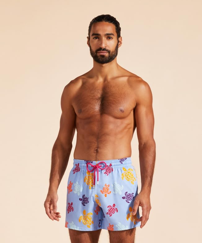 Vilebrequin Men Stretch Swim Trunks Multicolored Turtles, L, Flax Flower