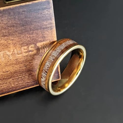 Pillar Styles Rustic 14K Gold Wedding Band Whiskey Barrel Rings for Men with Deer Antler Inlay 8mm Comfort Fit Tungsten Bourbon Barrel Wooden Ring Unique Wood Engagement Band