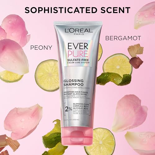 L’Oreal Paris Sulfate Free Glossing Shampoo with Glycolic Acid, Provides Intense Glass Hair Shine, Smoothness & Soft Feel, Suitable for Dull, Dry, and Color-Treated Hair, EverPure, 6.8 Fl Oz