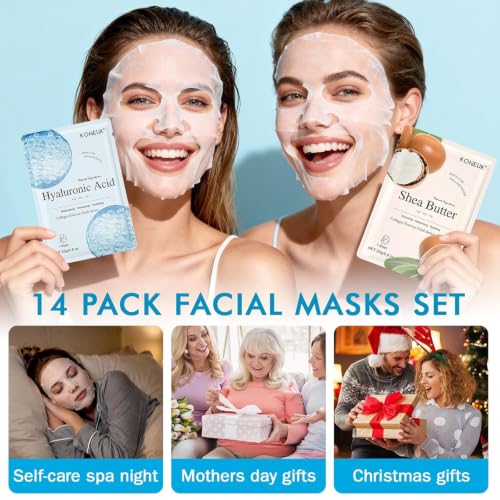 KONEUK 14 Pack Sheet Face Masks Skincare, Hydrating Face Masks Suitable for Dry Skin, Bulk Facial Mask Set for Women Skin Care, Face Mask Gifts Set for Face Spa