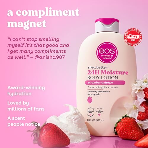 eos Shea Better Body Lotion Strawberry Dream, 24-Hour Moisture Skin Care, Lightweight & Non-Greasy, Natural Shea, Vegan, Strawberry Body Lotion, 16 fl oz