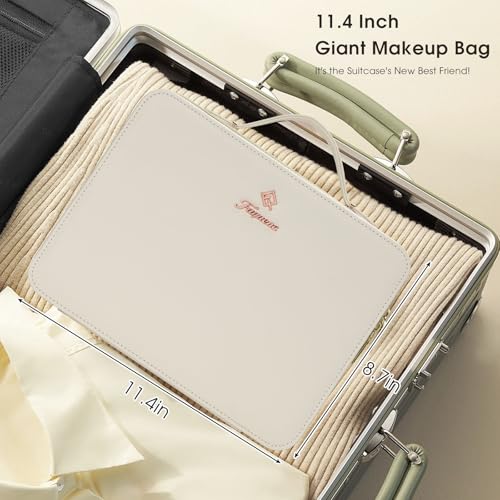 Faquenc Leather Makeup Case with LED Lighted Mirror 11.4 Inch Travel Makeup Bag Adjustable Brightness in 3 Colors Cosmetic Organizer Artist Storage Bag with Dividers Brush Holder Bag Vanity White
