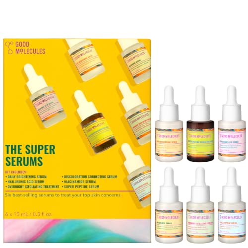 Good Molecules The Super Serums Discovery Set – 6 Mini Serums (0.5 Fl Oz Each) – Hyaluronic Acid, Niacinamide, Discoloration Correcting, Daily Brightening, Super Peptide & Overnight Exfoliating