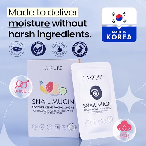 LA PURE Korean Snail Mucin Mask – Cruelty-Free – 10 Hydrating Sheet Masks