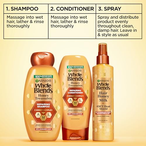 Garnier Whole Blends Hair Honey Milk 450F Heat Protectant Spray, For All Hair Types With Up To 100 Hrs of Frizz Control, 8.5 Fl Oz, 2 Count