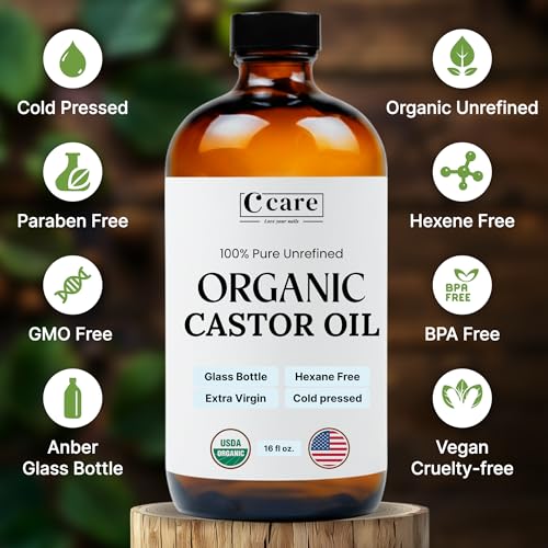 C CARE Castor Oil 100% Pure Organic Cold Pressed Unrefined Glass Bottle | USDA Certified Organic | Hexane Free Extra Virgin | For Hair Growth Eyebrows Eyelashes Skin and Castor Oil Pack Wrap | 16oz