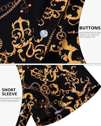 fohemr Mens Luxury Shirts Black Gold Chain Print Dress Shirt Baroque Short Sleeve Casual Button Down Design buchona Shirts 3X-Large