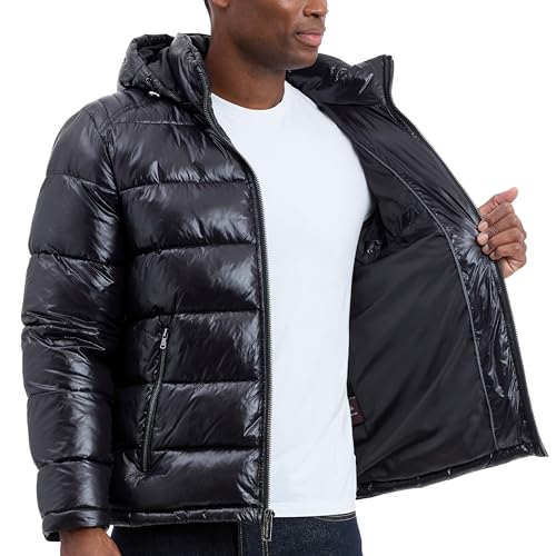 Michael Kors Mens Shine Hooded Puffer Jacket, Heavy Winter Jackets for Men, Water Resistant, Black, X-Large