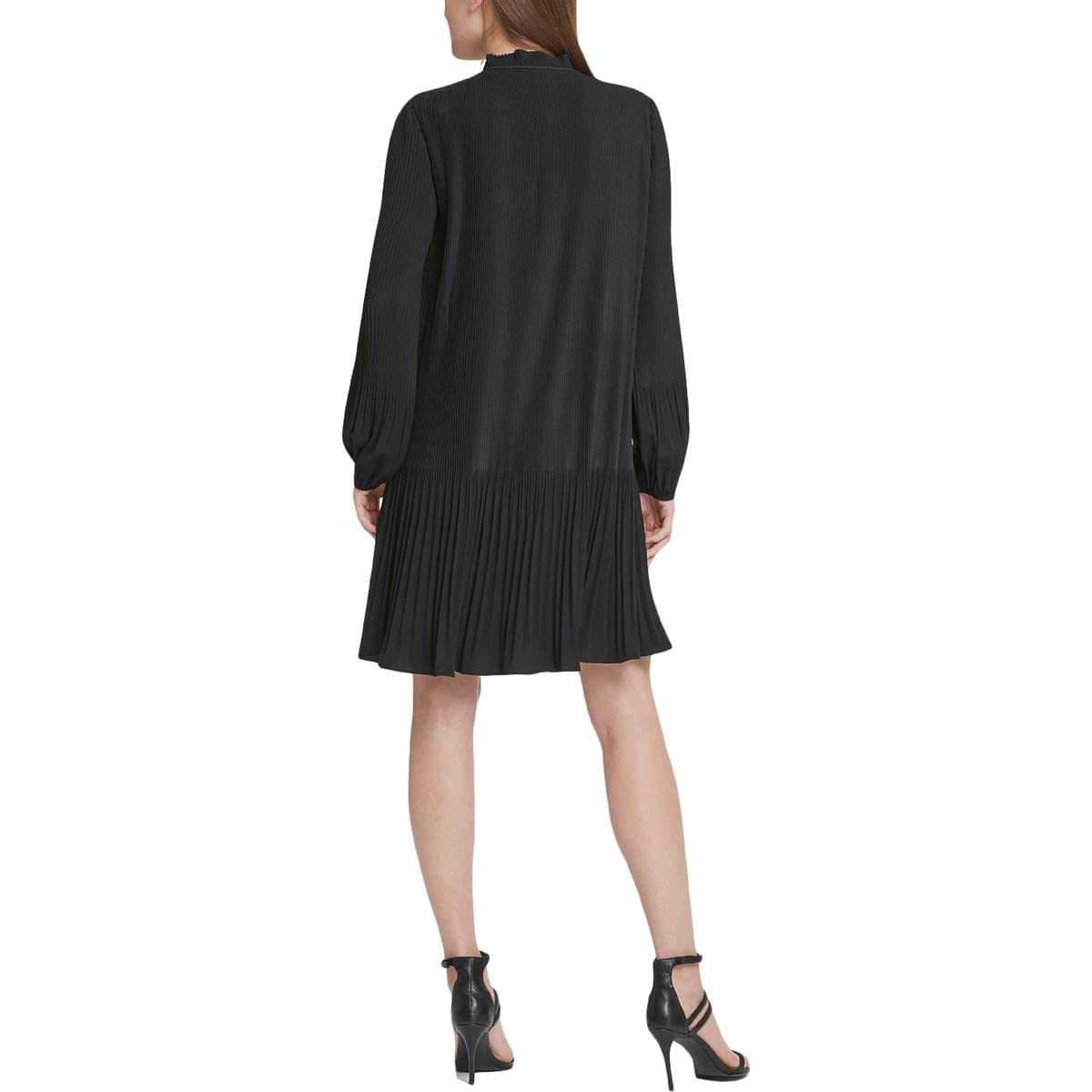 DKNY Women's Long Sleeve Tie Neck Pleated Dress, True Black, 12