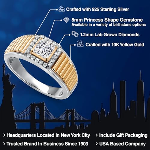 Gem Stone King Princess Cut Ring For Men | 925 Silver and 10K Yellow Gold | 5MM Princess Cut Gemstone Birthstone and 1.2MM Round White Lab Grown Diamond | Available in Size 7-13