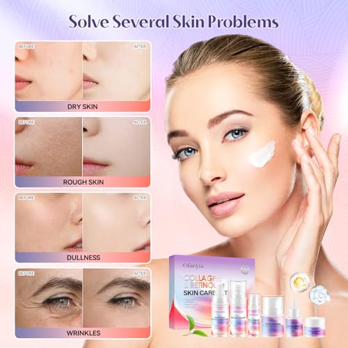 Collagen Retinol Skincare Set, 6 Pcs Anti-Aging Skin Care Set with Hydrating Cleanser, Eye Cream, Toner, Cream & Lip Mask, Facial Kit for Women, Birthday Gift for Her