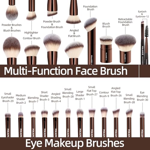 MAANGE 20 PCS Foundation Makeup Brush Set, Double-ended Kabuki Contour Brush for Liquid Powder Concealer Blending Blush Face Makeup Tools with Gift Box (Coffee)