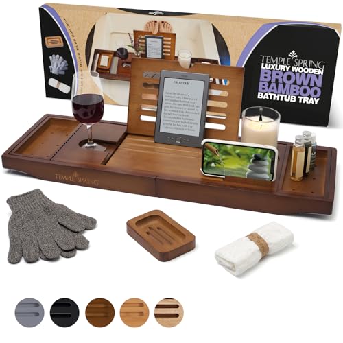 Temple Spring Bamboo Bathtub Tray Caddy for Tub — Expandable Wood Bath Tray with Solid Book Stand Wine Holder and Non-Slip Pads — Includes Bamboo Soap Dish and Spa Accessories — Luxury Bath Gift Set