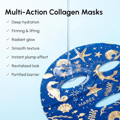 MAREE Collagen Facial Mask with Hyaluronic Acid — Sheet Face Mask Skincare — Centella Asiatica, Green & Red Algae Extract — Hydrating Facemask For Women Skin Care — Mascarillas Para La Cara — 6 Count