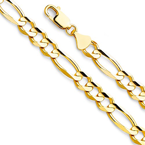 14k REAL Yellow Gold Solid Men's 6mm Figaro 3+1 Concave Chain Bracelet with Lobster Claw Clasp - 8"