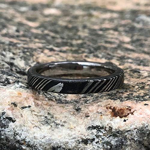Matching Damascus Rings with 14k White Gold Inlay and Woodgrain Finish