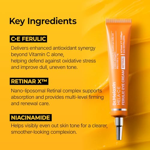 Dr.Melaxin Mela C·E Ferulic Eye Cream Dark Circles, Dark Spots & Wrinkles at Once, Retinal + Vitamin C Ferulic, Niacinamide, Korean Anti-Aging Eye Treatment, 0.52 oz, 15g
