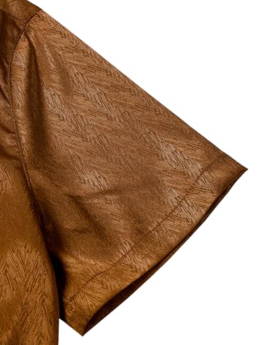 ZEROYAA Men's Luxury Shiny Satin Jacquard Shirt Modern Fit Short Sleeve Button Down Shirts for Summer Party Prom Brown Large