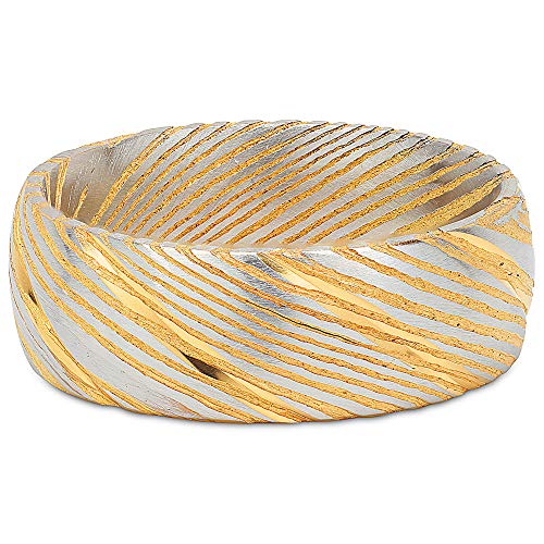 100S JEWELRY Damascus Steel Ring Men Wedding Band Two Tone Gold Silver Dome Comfort Fit Size 8-16 (Damascus, 16)