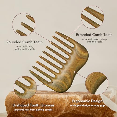 Wide Tooth Comb for Curls, Wooden Hair Comb with Long Teeth for Gentle Detangling, Perfect for Thick Hair, Women & Men